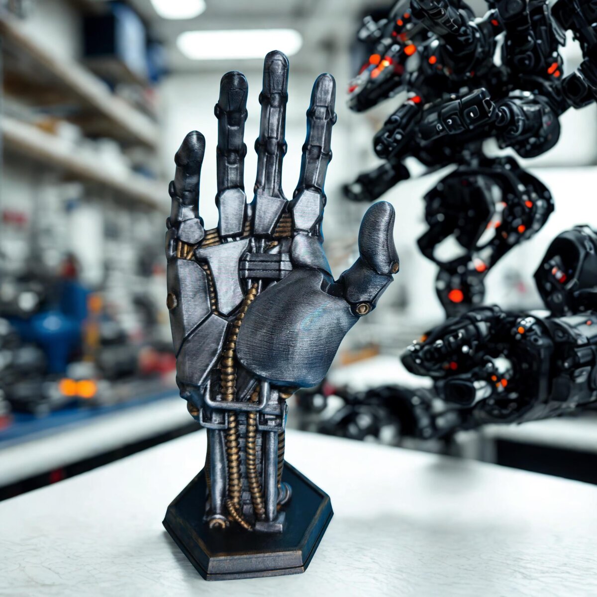 A finished 3D printed cyber-mechanical hand displayed in the Digi Labs Core shop